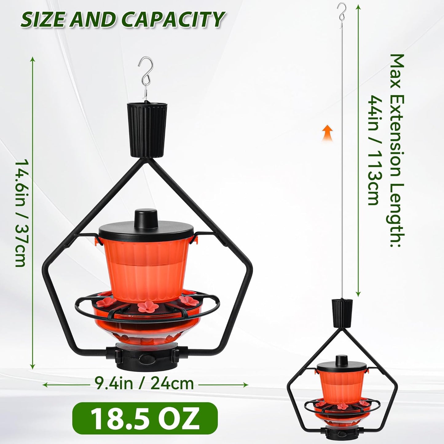 Retractable Hummingbird Feeder – 6 Feeding Ports, Leak-Proof, Ant & Bee Proof, Easy Top-Fill & Easy to Clean, Durable ASA Plastic, 18.5 oz Capacity, Adjustable Hanging System with 44" Extension(Black)