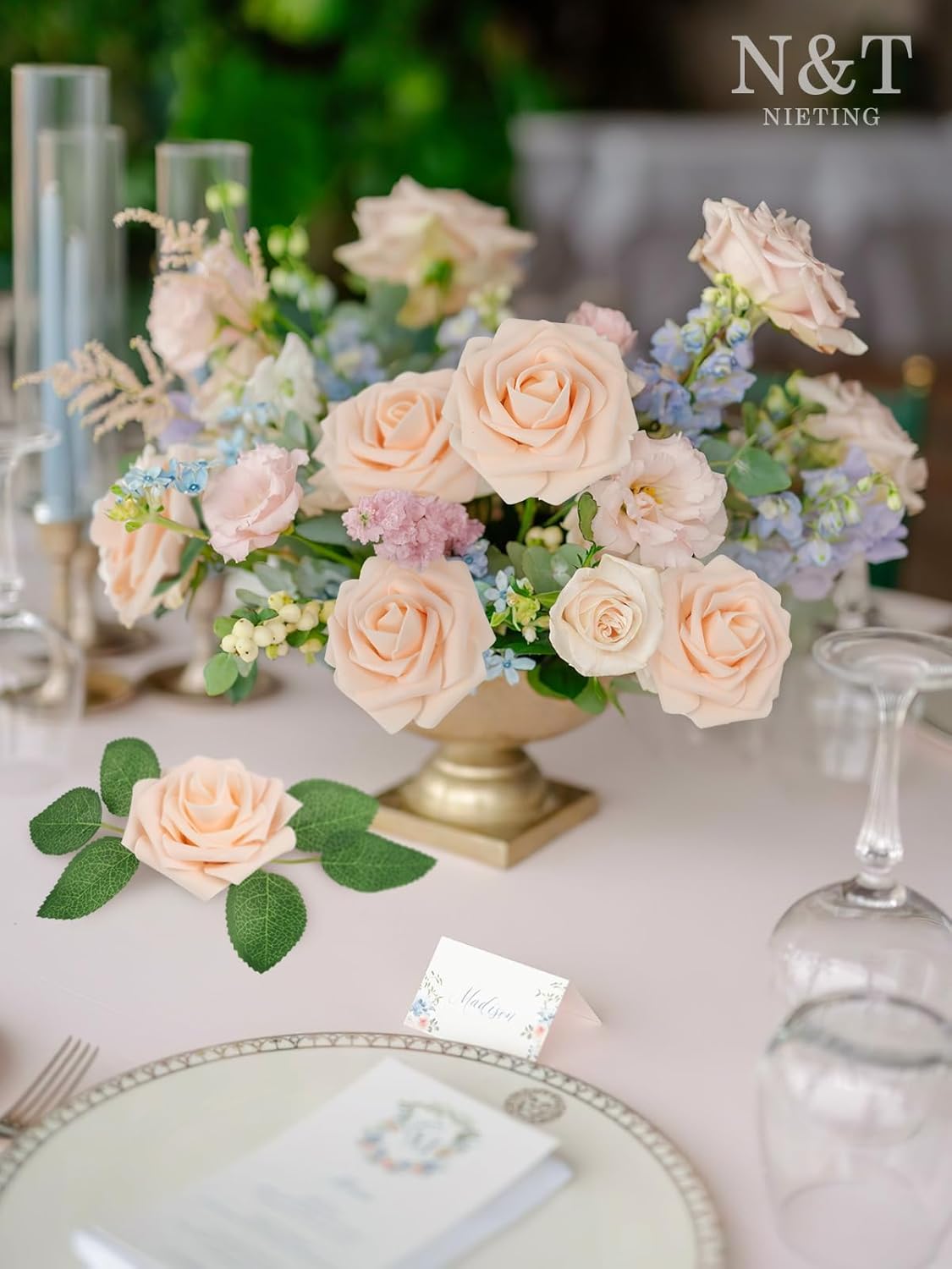 N&T NIETING Artificial Flowers, 25Pcs Fake Flowers Roses Perfect for DIY Wedding Bouquets Centerpieces Bridal Shower Party Home Flower Arrangement Decorations, Blush