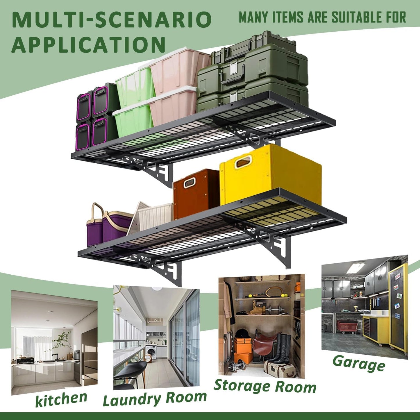 2 Pack Garage Wall Shelving, Heavy Duty 1.5' x 3.8' Wall Mount Storage Shelf with Hooks, Garage Storage Rack Floating Shelves, Holds 250 lbs Each