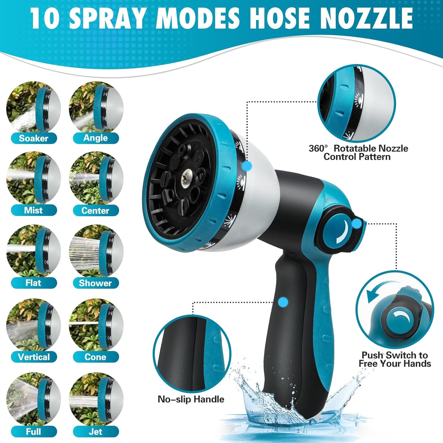 50FT Garden Hose, Non-Expandable Flexible Fabric Water Hose with 10-Function Spray Nozzle, Kink-Free & Lightweight Yard Hose with 3/4" Solid Brass Connectors for Lawn, Outdoor, RV & Marine Use