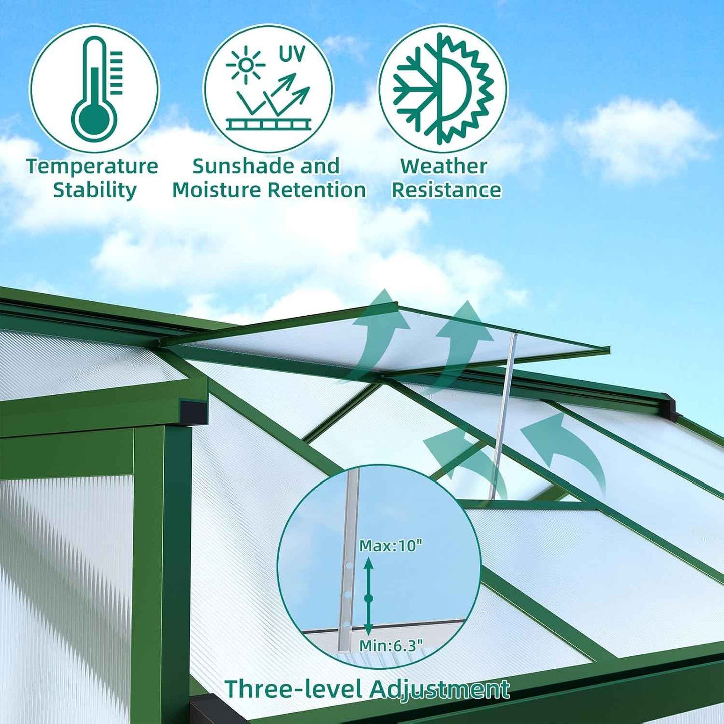 6x10 FT Greenhouse - Large Aluminum Greenhouses for Outdoors, Heavy Duty Polycarbonate Greenhouse with Roof Vent&Ground Nails, Walk-in Green Houses for Garden, Backyard, Patio, Easy Assembly