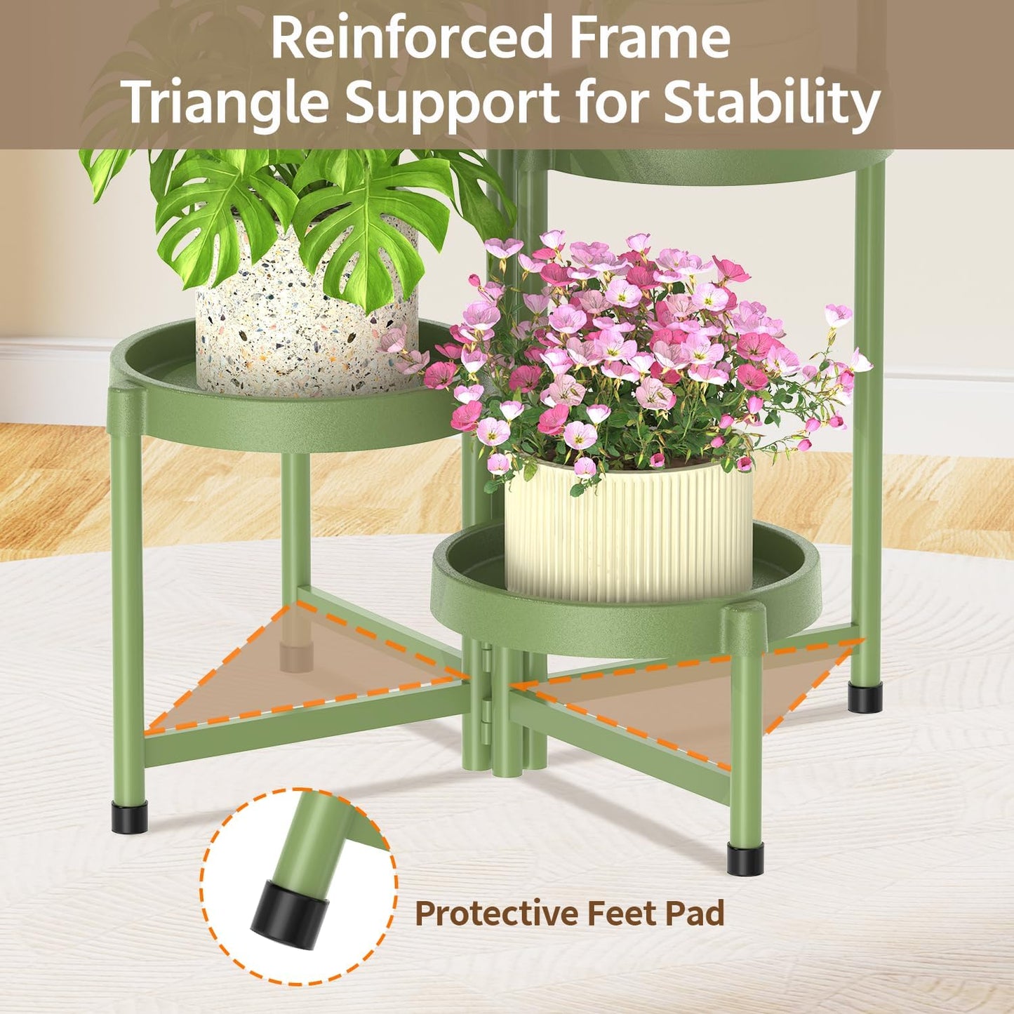 LASZOLA 5 Tiered Folding Plant Stand Indoor for Multiple Large Planter, Tall Heavy Duty Adjustable Rack with Rust Proof Plastic Shelving, Sturdy Vertical Tree Organizer for Narrow Inside Floor, Green