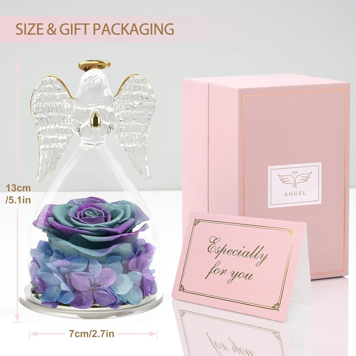 Yamonic Valentines Day Gifts for Her, Angel Figurines with Real Rose Gifts for Her Mom Grandma, Preserved Flowers Rose Angel Figurines for Mothers Day Christmas Anniversary Birthday Gifts for Her