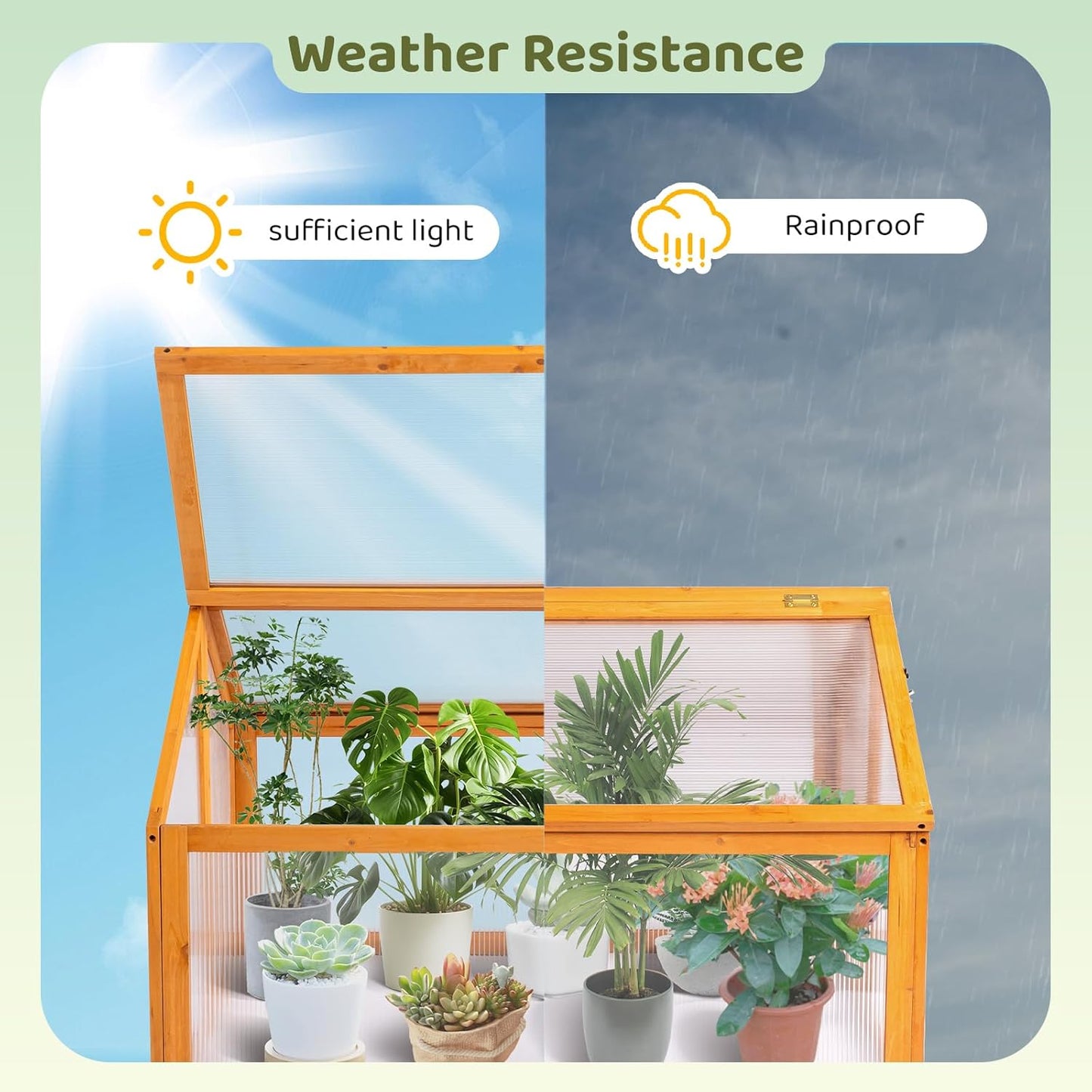 VINGLI Cold Frame Greenhouse, Mini Wooden Green House with Flip-Top Roof, Raised Flower Planter Shelf, Small Lockable Wood Cabinet for Plants Indoor Outdoor (Yellow, 35.43" x 30.71" x 23.23")