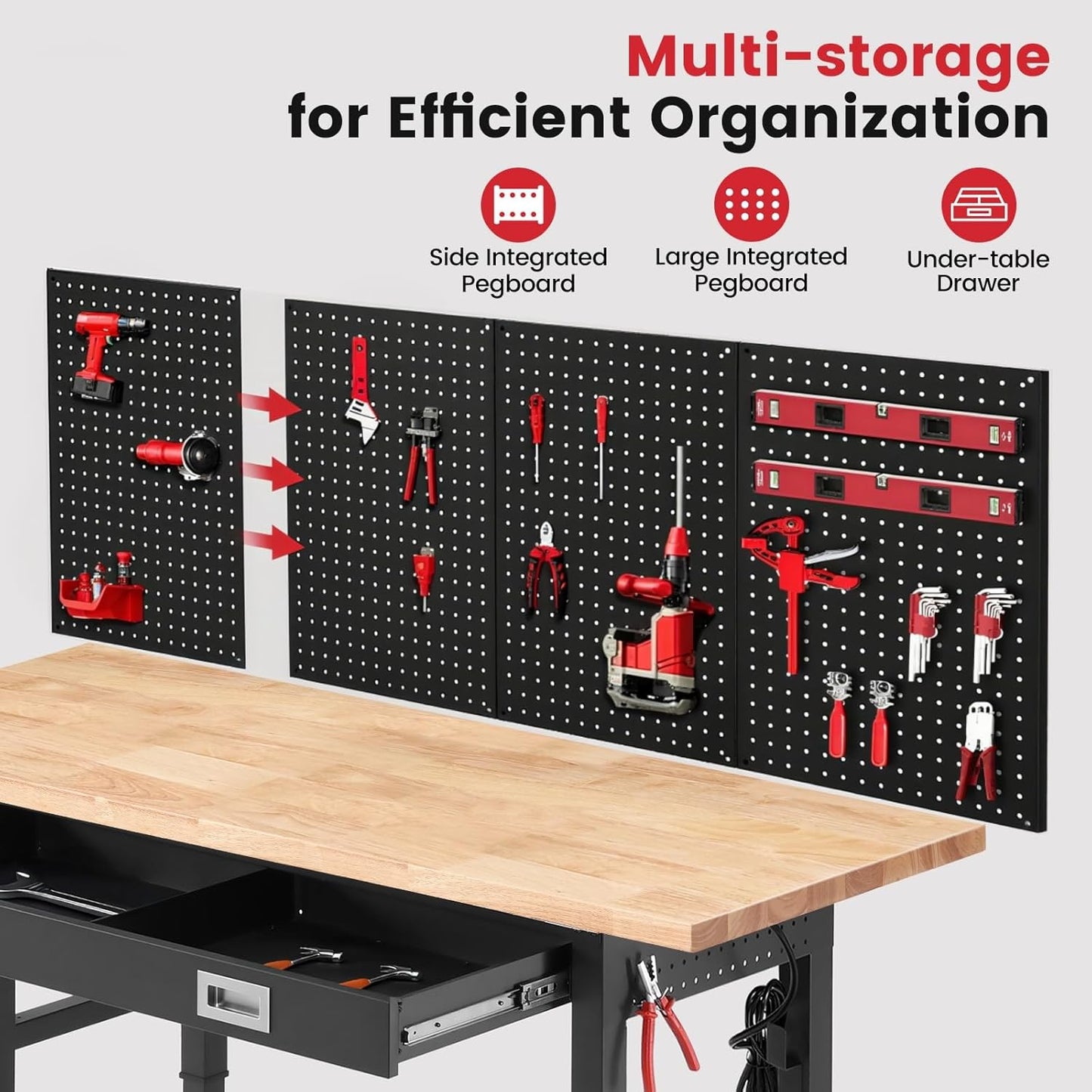 Workbench for Garage 60 x 22 Inch Adjustable Height Work Table with Drawers Heavy Duty Rubberwood Tabletop Work Bench with Pegboard, Power Outlets for Office Home Commercial