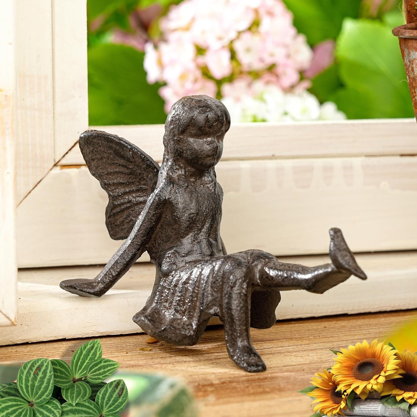 Sungmor Cast Iron Fairy Statue,3.4" Vintage Black Brown Garden Figurine,Rustic Indoor Outdoor Desk Ornament for Patio,Bookshelf Decor