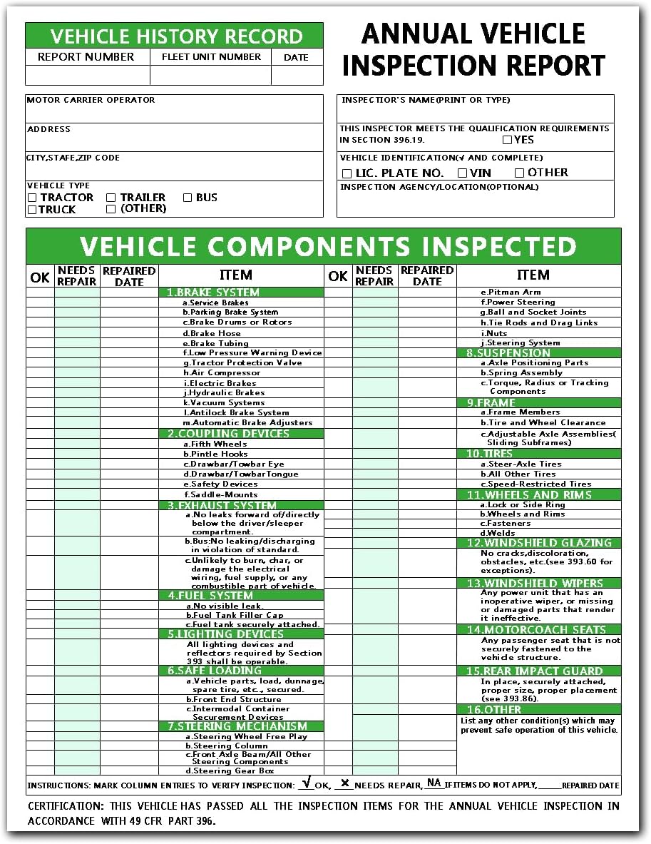 Annual Vehicle Inspection Report Form Dot Annual Inspection Forms and Stickers, 25-pk 3-Ply Carbonless Adhesive Vinyl Label 2-Ply, Driver Vehicle Inspection Report Book for Truck Drivers