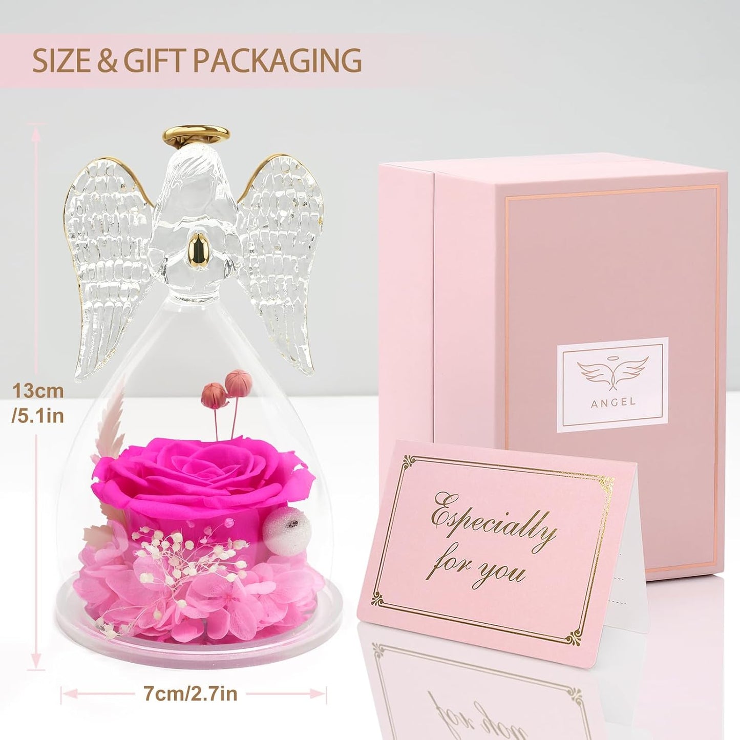 Yamonic Birthday Gifts for Mom,Christmas Angel Figurines with Real Rose Gifts for Her Mom Grandma,Preserved Flowers Rose Glass Angel Figurine for Mothers Day Christmas Birthday Gifts for Her(Hotpink)