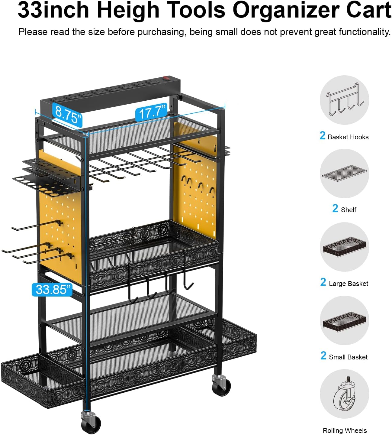 CCCEI Garage Power Tools Organizer Cart with Charging Station, Yellow Floor Standing Rolling Drill and Tools Battery Storage Cart on Wheels. Utility Rack Gift for Men, Husband, Father.