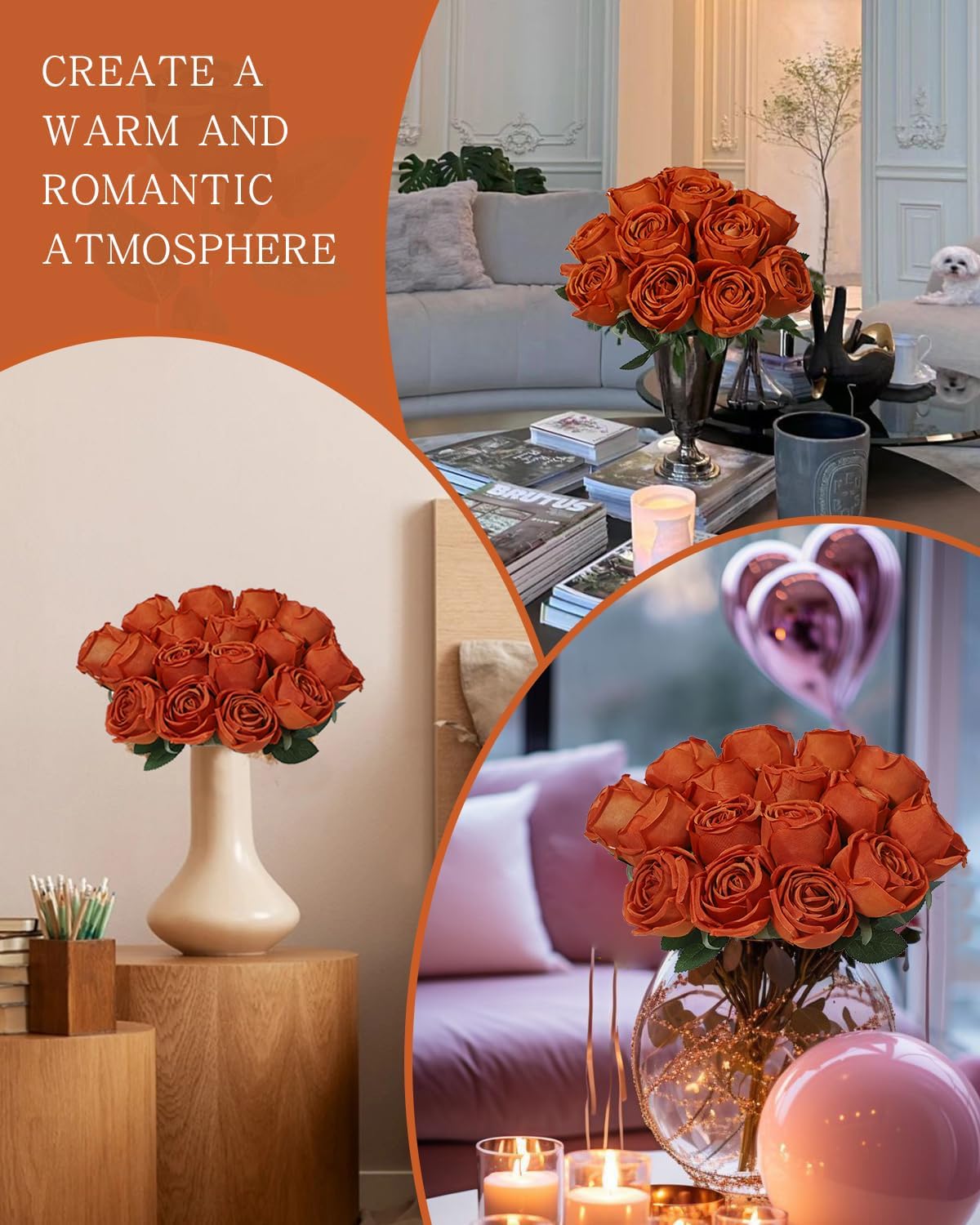 Coferset 10 Pcs Fake Roses, Artificial Silk Rose Flowers with Long Stems,Realistic Faux Roses for Vase Home Wedding Table Centerpieces Baby Shower Decor (Burnt Orange)