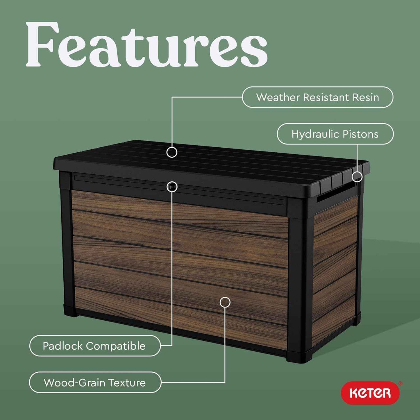 Keter Signature Collection 100 Gallon Resin Deck Box Organization and Storage for Patio Outdoor Cushions, Throw Pillows, Garden Tools and Pool Supplies, Rosewood