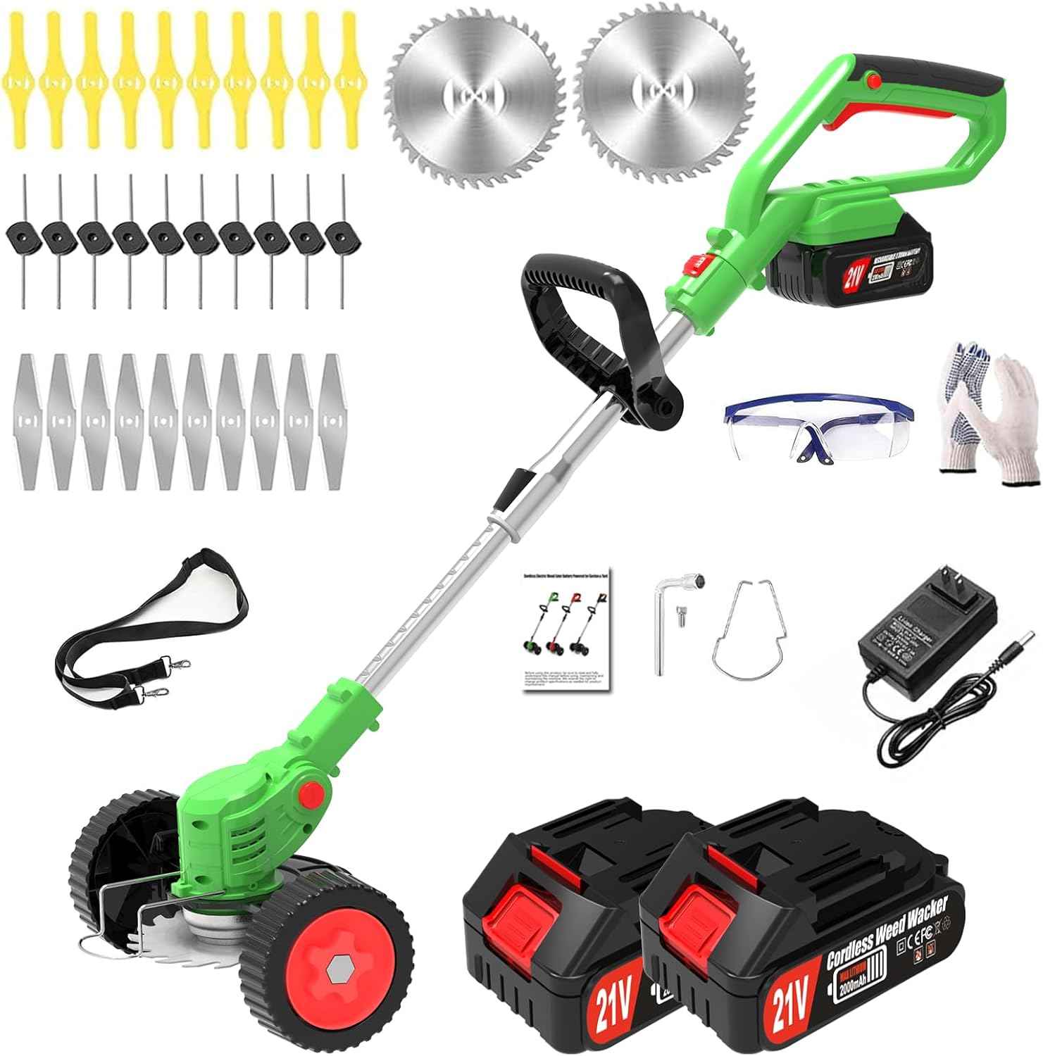 Cordless Weed Wacker Eater Electric Battery Powered, 21V Lightweight Weed Trimmer Edger Lawn Tool with 2Pcs 2000mAh Battery, 3 in 1 Stringless Grass Trimmer/Edger/Brush Cutter for Garden Yard Lawn