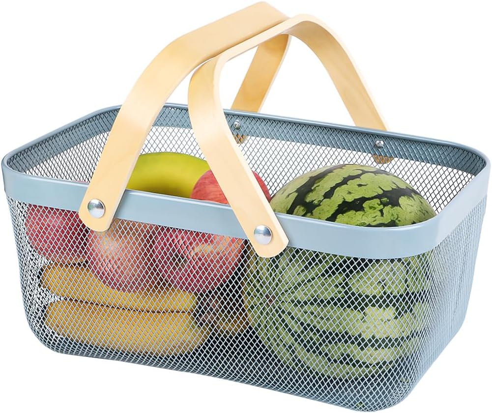 Portable Mesh Harvest Basket - Natural Bamboo Handle Foldable Organizer for Kitchen, Garden & Picnic | Ventilated Storage Bin with Rust-Proof Wire, Space-Saving Farmhouse Decor (Blue)
