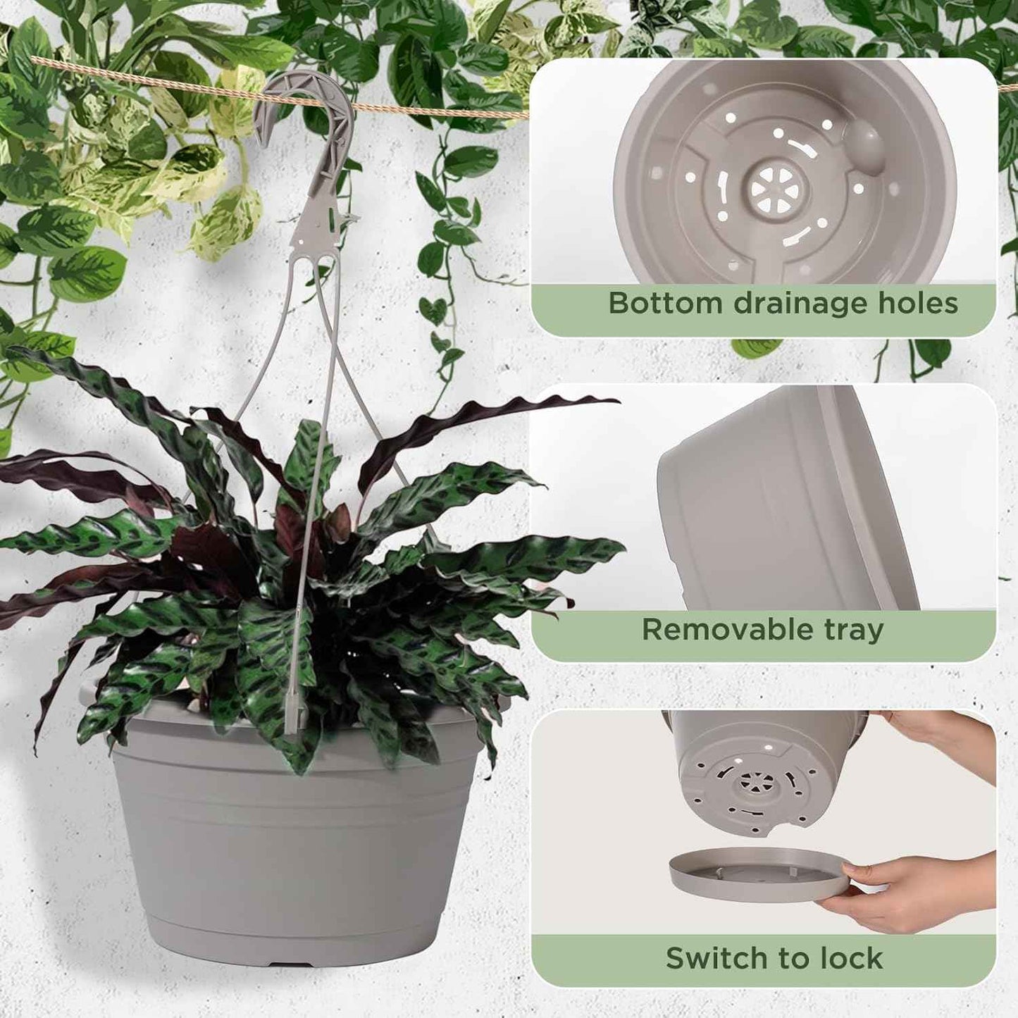 4 Pcs Hanging Planters,10" Hanging Pots Plastic Hanging Flower Plant Basket with Drainage Trays & Chain Holder for Outdoor Indoor Plants Garden Balcony Decoration, Light Gray
