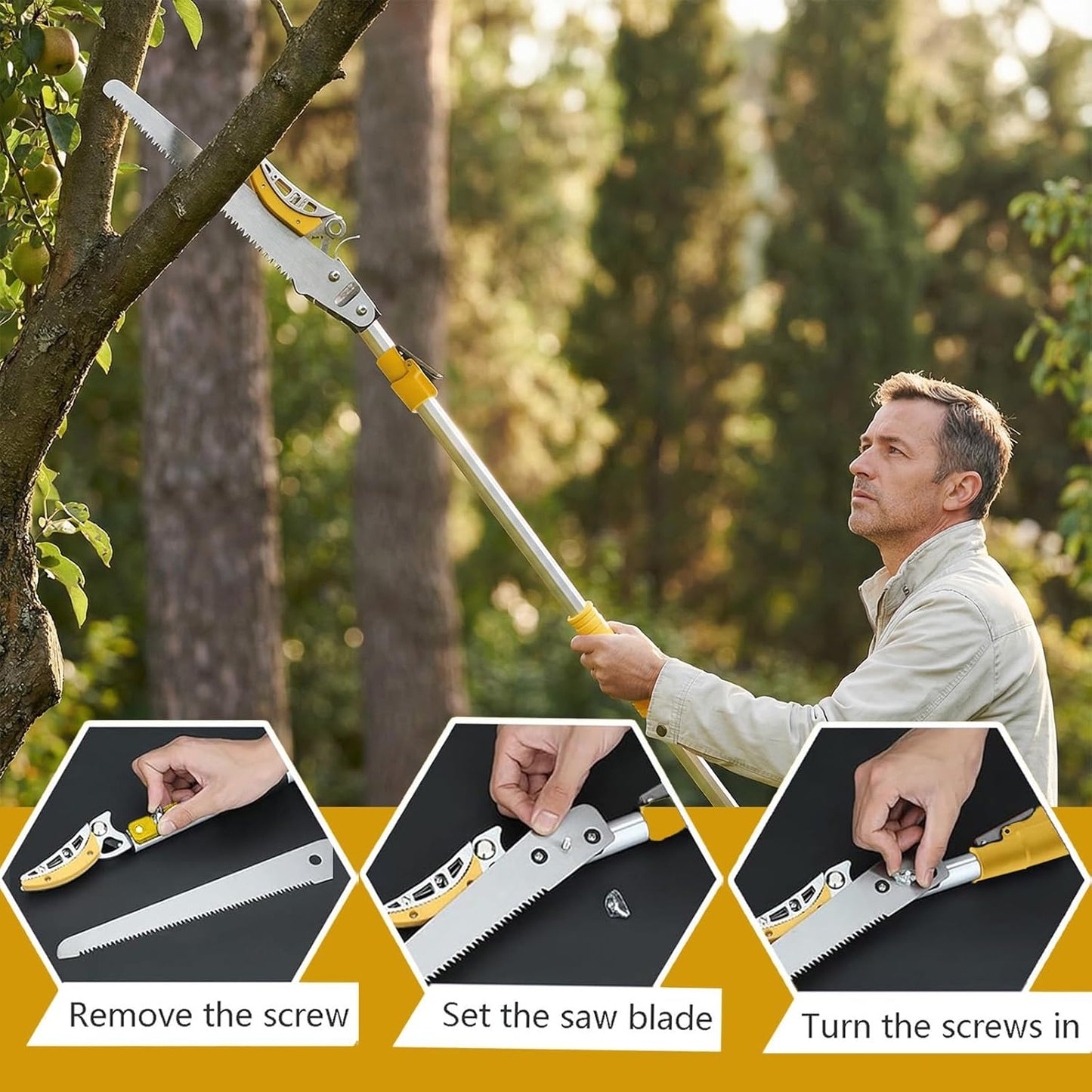 Telescopic Pole Pruner and Fruit Picker for Garden | Cuts Branches Up to 1 Inch | Rotating & Locking Head | Lightweight Aluminum Extendable Handle (3.28 to 5.25 FT)，Yellow