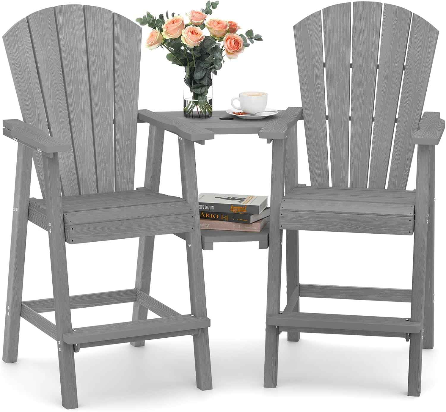 Ciokea Tall Adirondack Chairs Set of 2, HDPE Outdoor Adirondack Bar Stools with Double Connecting Tray, Weather Resistant High Back Adirondack Balcony Chairs for Deck, Lawn, Pool, Backyard, Grey