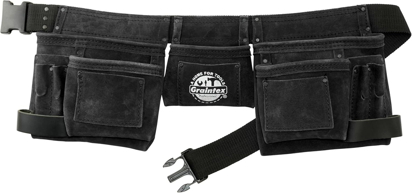 Graintex DS2312 11 Pocket Black Color Suede Leather Tool Belt/Tool Bag/Work Apron, 2 Hammer Loops, Adjustable Belt | Construction, Carpenter, Roofing, Drywall, Electrician, Gardening, DIY