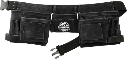 Graintex DS2312 11 Pocket Black Color Suede Leather Tool Belt/Tool Bag/Work Apron, 2 Hammer Loops, Adjustable Belt | Construction, Carpenter, Roofing, Drywall, Electrician, Gardening, DIY