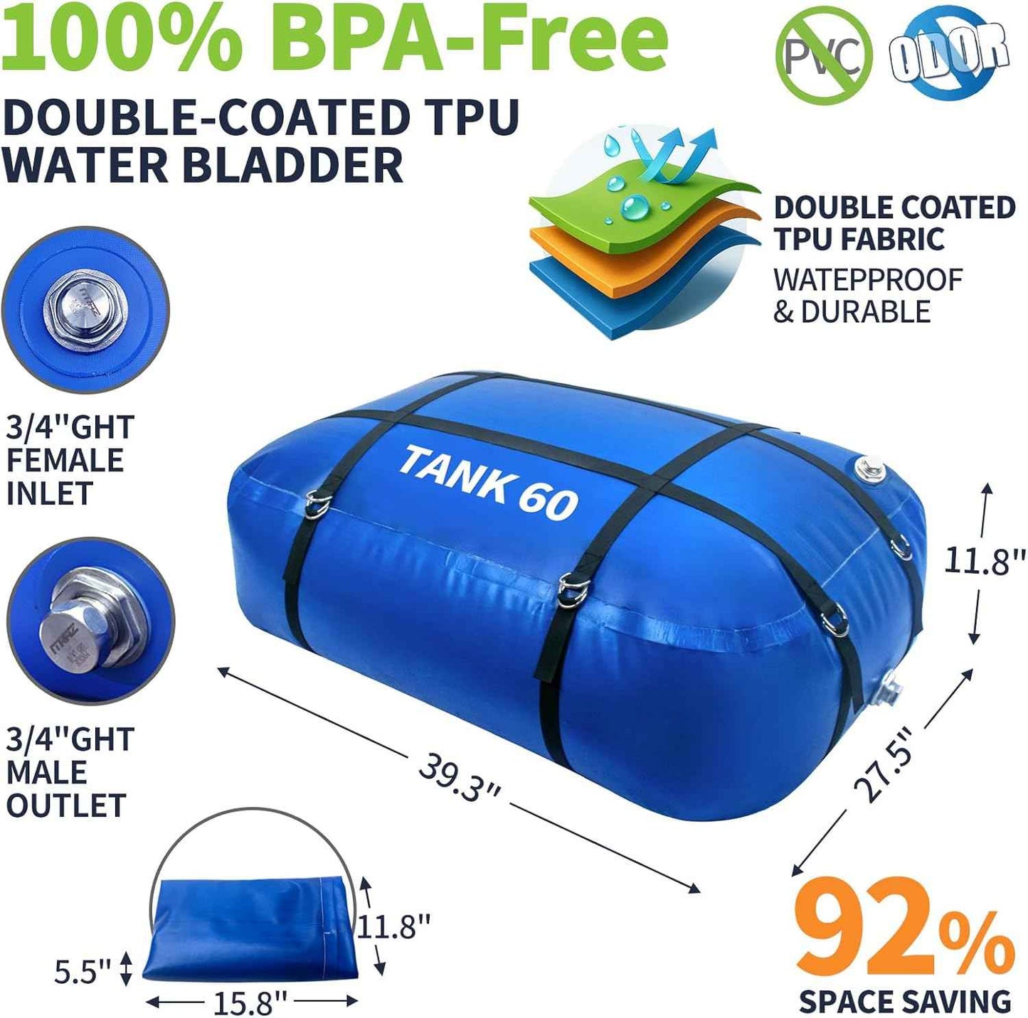 TPU Water Storage Bladder, 60 Gallon Portable RV Fresh Water Tank, Food Grade BPA Free Collapsible Flexible Container for Drinking, Camping, Irrigation & Emergency-Hurricane, Drought, Fire (3/4” GHT)