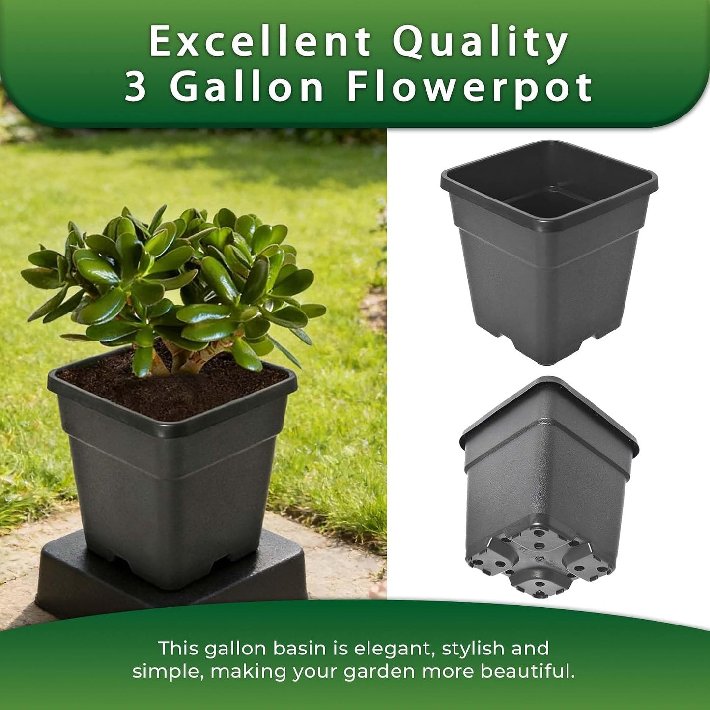 Plant Pots Flower Pot 10-Pack 3 Gallon Planter Nursery Pot Garden Seedling Planters Containers Plastic Injection Molded Pots with Drainage Holes for Outdoor Indoor Plants Vegetables, Black