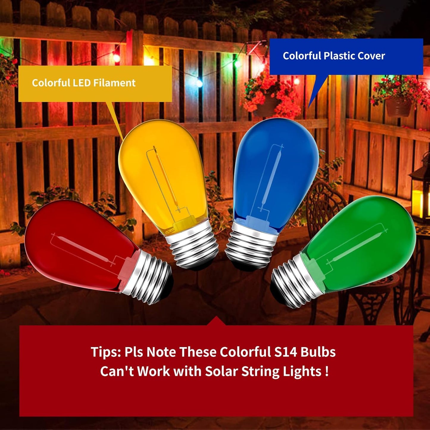 24Pack S14 Colored LED String Light Bulbs,1Watt Plastic Shatterproof Waterproof Outdoor Indoor Replacement Bulbs for Home Decor, E26 Medium Base, Multi-Color: Red/Green/Blue/Orange