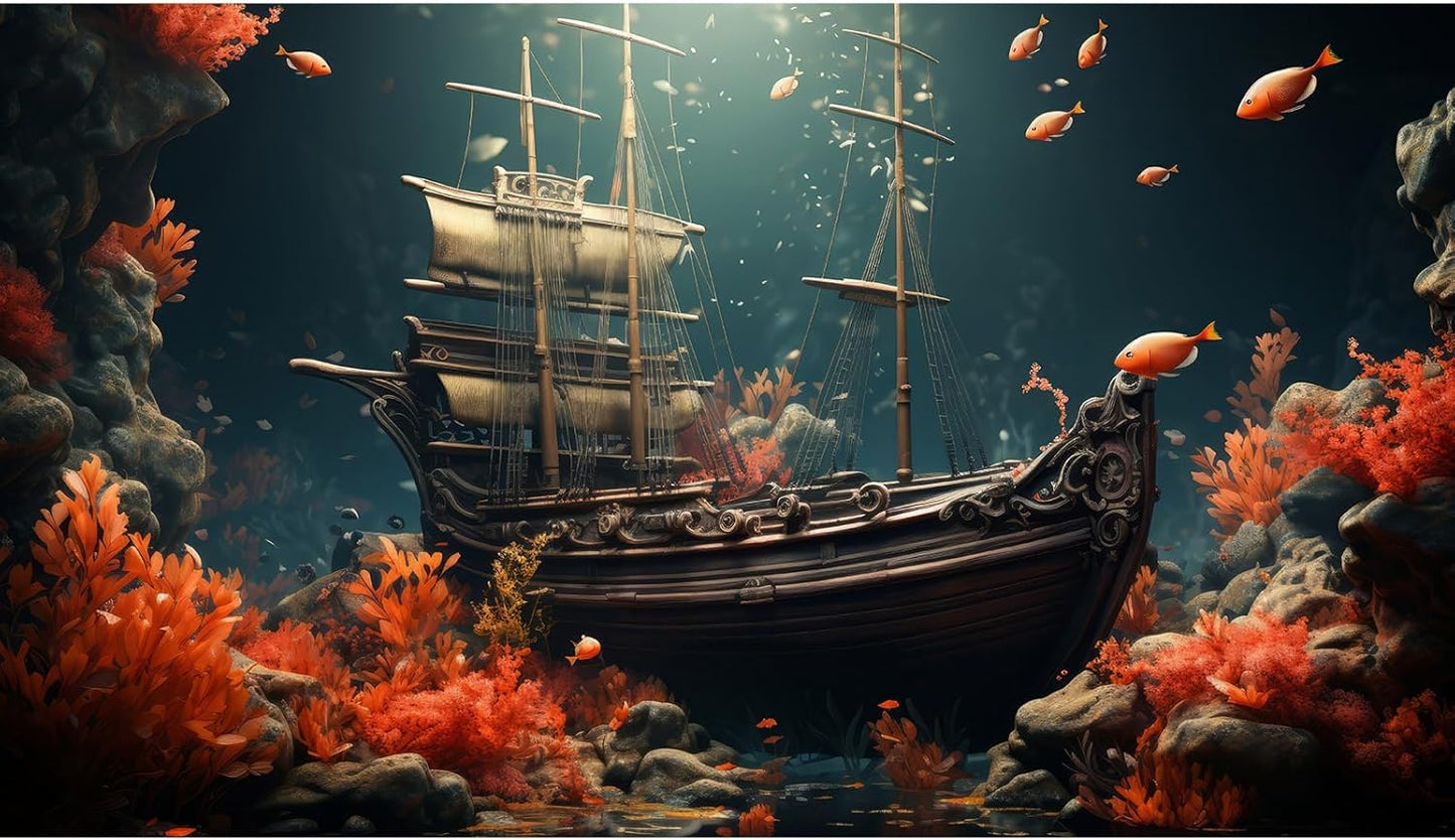 Pirate Shipwreck Aquarium Background Under The Sea Coral Reefs Fish Tank Background Underwater Sunken Ship Landscape Terrarium Background Tropical Sea Marine Life Aquarium Tank Background 72x24in
