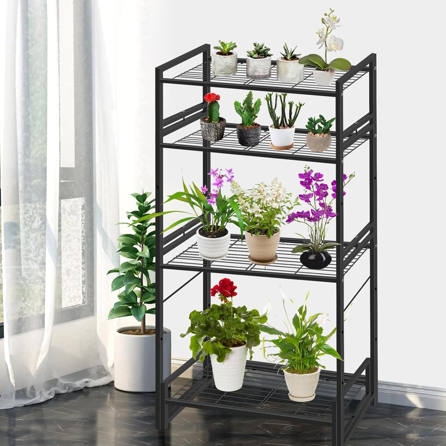 4 Tier Metal Plant Stand Indoor Outdoor, Ladder Flower Pot Holder Plant Stands, Stackable Heavy Duty Tall Plant Shelf Flower Pot Holder for Garden, Display Rack