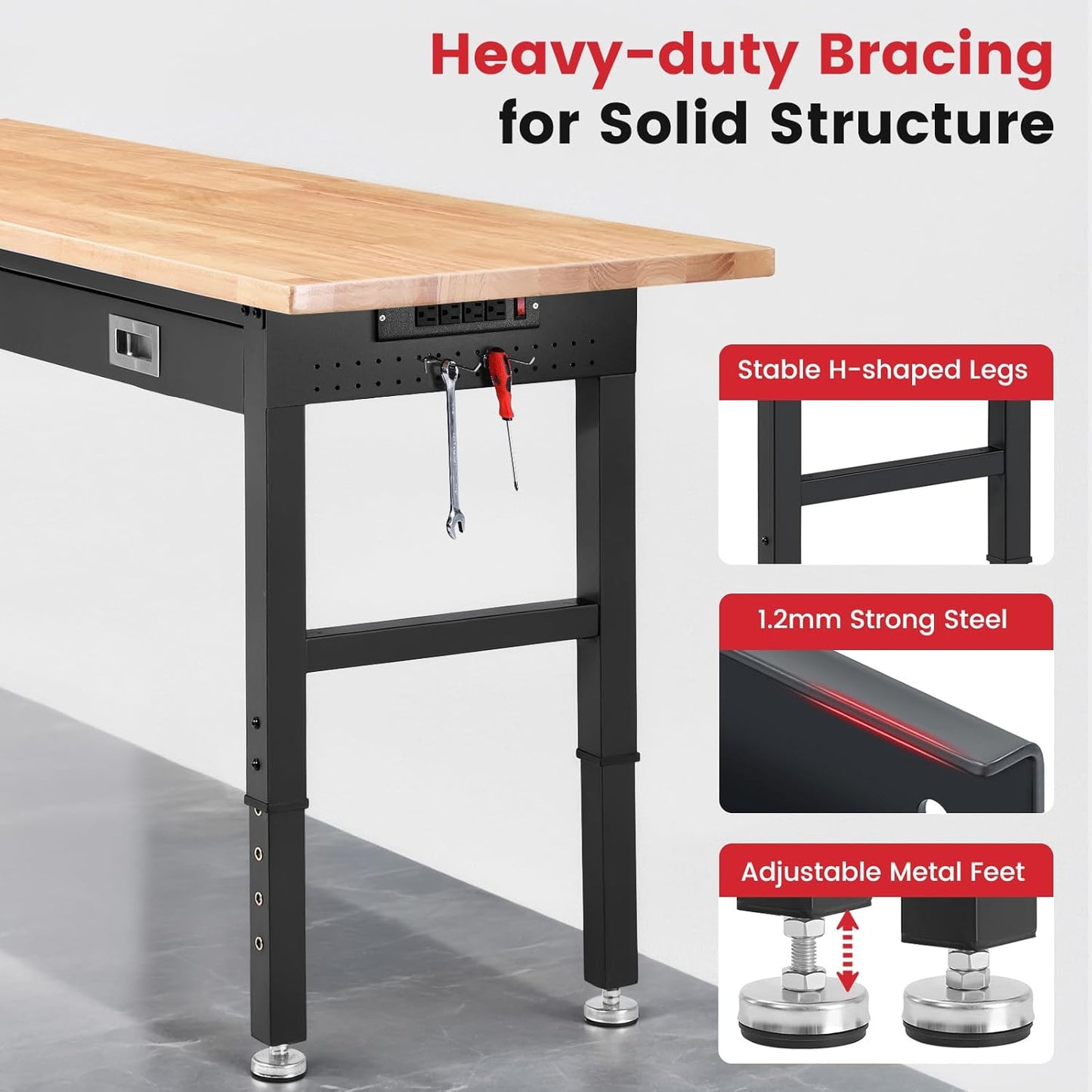 Work Bench for Garage with Drawers 60 x 22 Inch Heavy Duty Rubberwood Tabletop Work Table with Pegboard, Power Outlets Adjustable Workbench for Woodworking Shop, Home, Office, Electronic