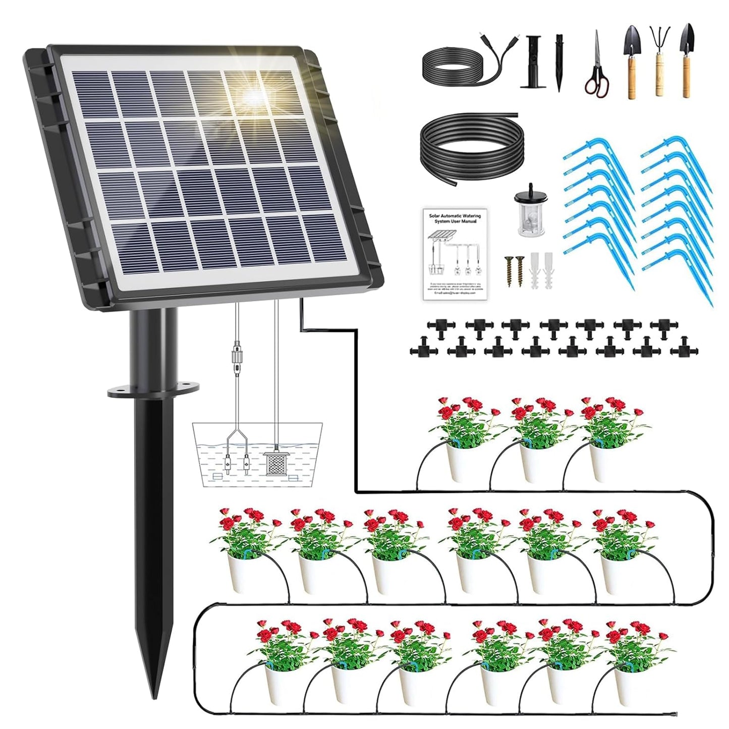 49FT Solar Drip Irrigation System, Auto Watering Kit for 15 Pots, Solar-Powered Plant Watering, 25 Timer Modes, 900ml/min Flow Indoor/Outdoor Garden, Balcony & Patio Irrigation System