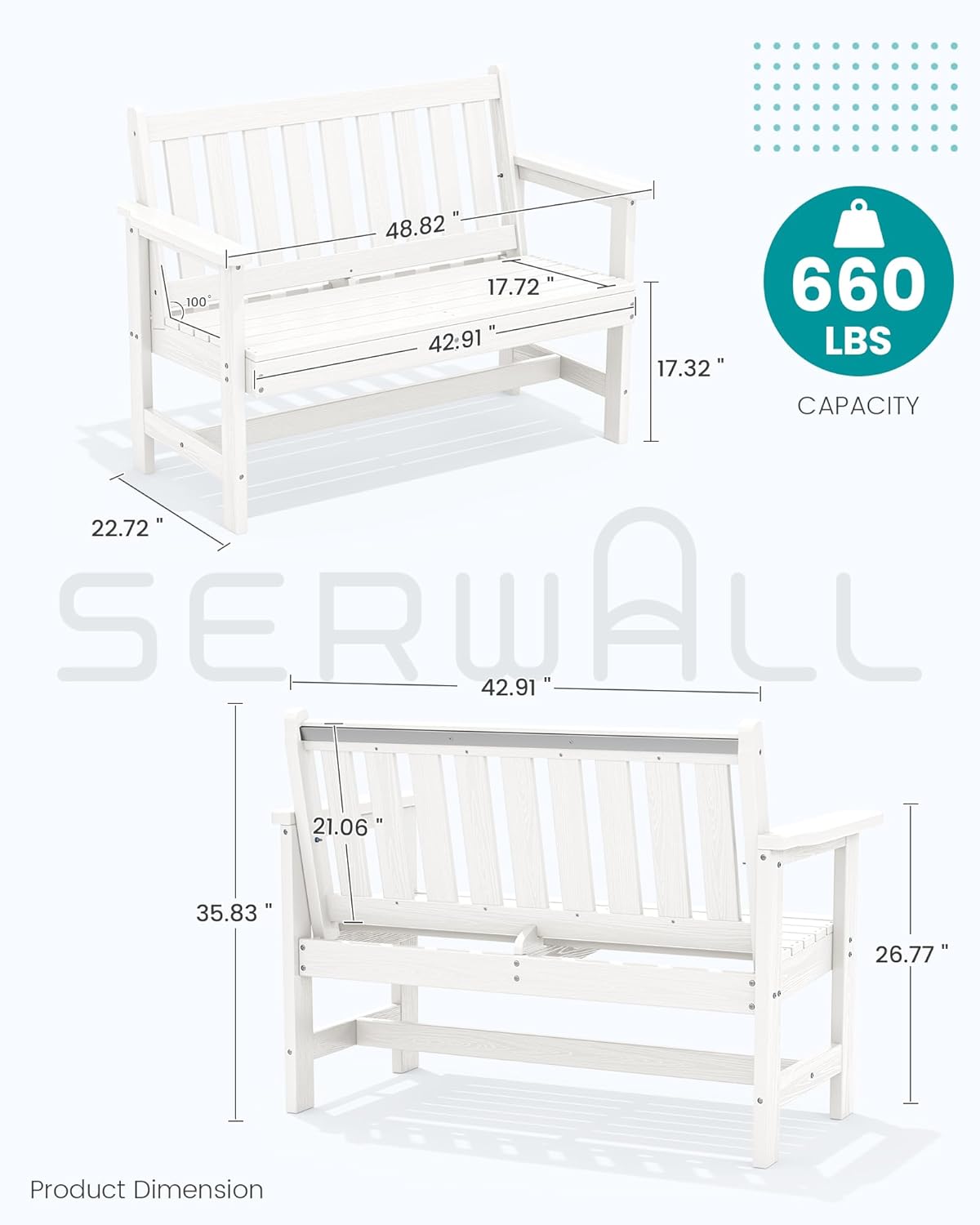 SERWALL Outdoor Bench, HDPE Outdoor Benches Weatherproof, 2-Person Garden Bench with 660 lbs Weight Capacity, Patio Benches for Outdoors, Garden, Porch, Backyard and Park, White
