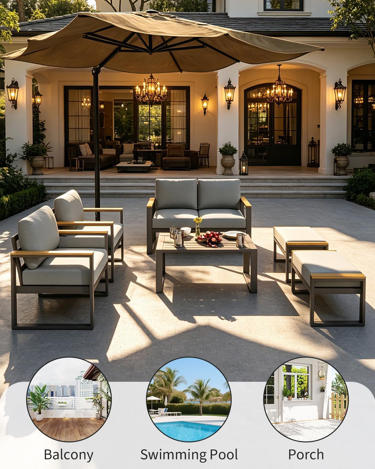 Modern Aluminum Patio Loveseat and Coffee Table Set - All-Weather Outdoor Furniture - Washable Thick Cushions - Rust Resistant, Easy Assembly - Comfortable for Balcony, Garden, Deck, Backyard - Gray