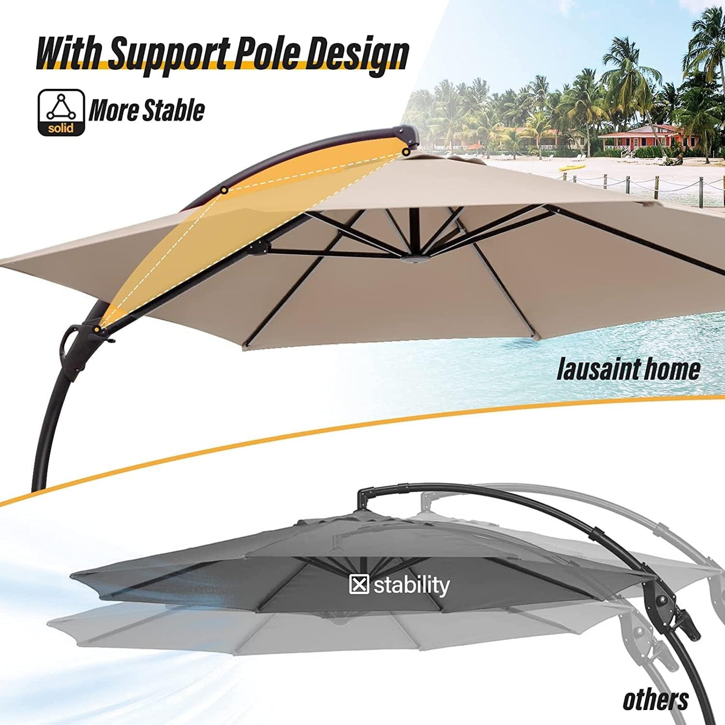 LAUSAINT HOME11FT Patio Cantilever Umbrella with Base Outdoor Curvy Round Offset Umbrella, Heavy Duty Aluminum Patio Umbrella with 360°Rotation and Windproof, for Garden, Pool, Deck, Backyard, Market(11 FT Champagne）