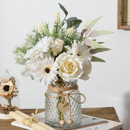 Artificial White Flowers with Vase, Fake Flowers Arrangement for Home Decor, Faux Flowers for Farmhouse Coffee Table Decor, House Kitchen Centerpiece Table Decorations