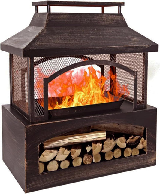 Red Mountain Valley 37in Outdoor Wood Burning Fireplace, Large Outdoor Fire Pit with Log Grate and Poker, Chimney Outside Fireplace with Firewood Racks Storage for Patio, Garden and Backyard