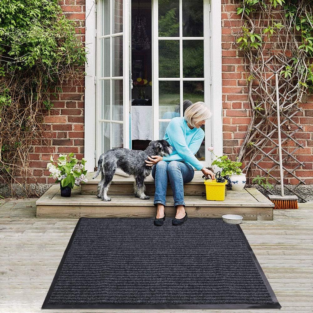 Fani Heavy Duty Large Grey Striped Floor Door Mat - Waterproof Low Profile Home Rug with Anti-Skid Rubber Back (Gray, 23" x 35")