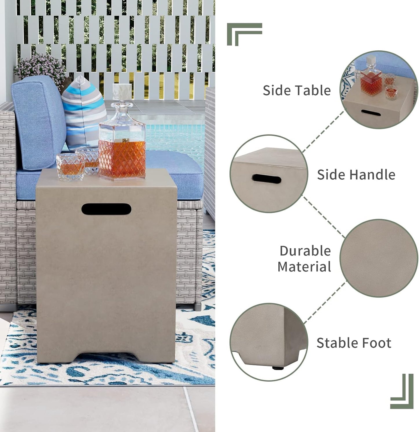 COSIEST 35-inch Square Outdoor Sandstone Propane Fire Pit w Wind Guard and Side Table, CSA Certified, 50,000 BTU Stainless Steel Burner, Free Lava Rocks and Rain Cover, Metal Lid(Gray)