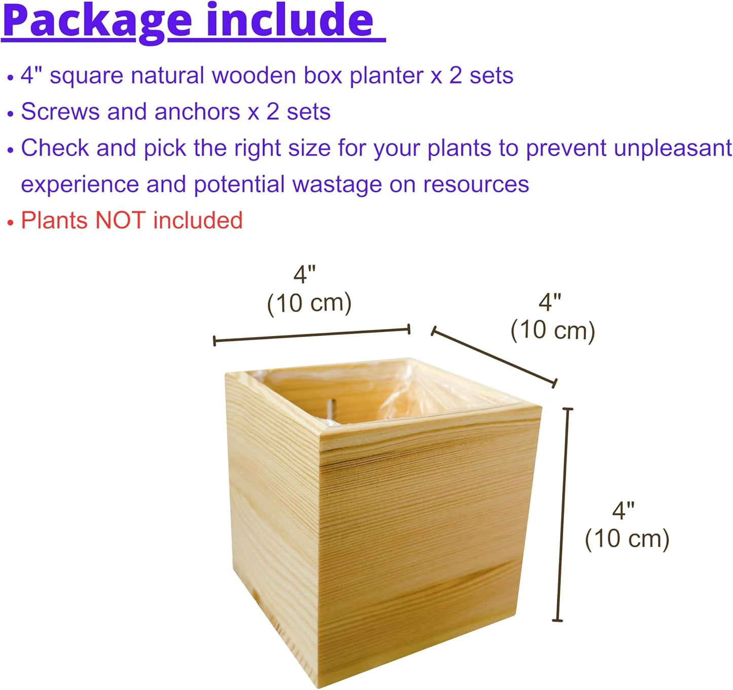 LaLaGreen Wooden Planter Box for Plants (4x4 Inch, 2 Pack) Small Square Wall Planters for Indoor Plant, Natural Wood Hanging Flower Pot Boxes Table Centerpiece Herb Balcony Home Garden Office Decor