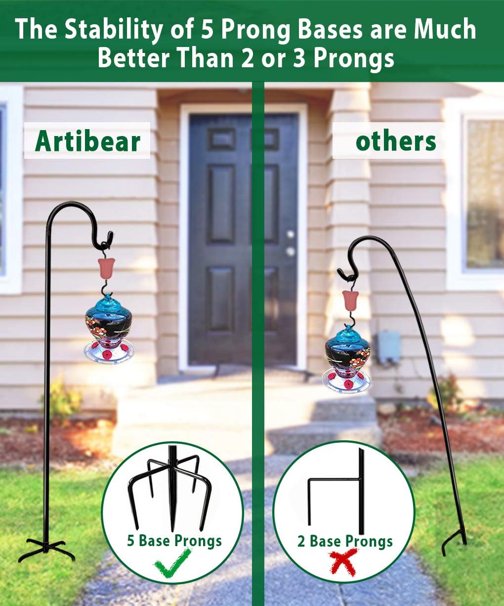 Artibear Adjustable Outdoor Shepherd Hook Stand with 5 Prong Base, 92 Inches Tall 3/5 in Thick, Shiny Black (2 Packs)