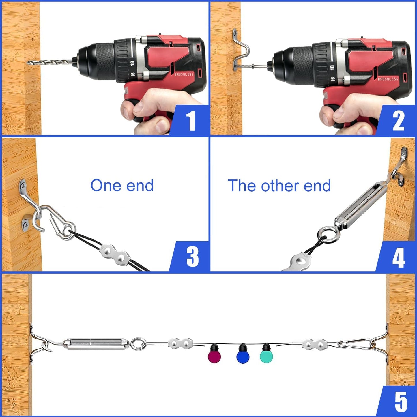 164FT Black Vinyl-Coated 304 Stainless Steel Cable – Heavy Duty String Lights Hanging Kit with Turnbuckle, Thimble & Hooks for Outdoor, Patio, Garden, Christmas Lights