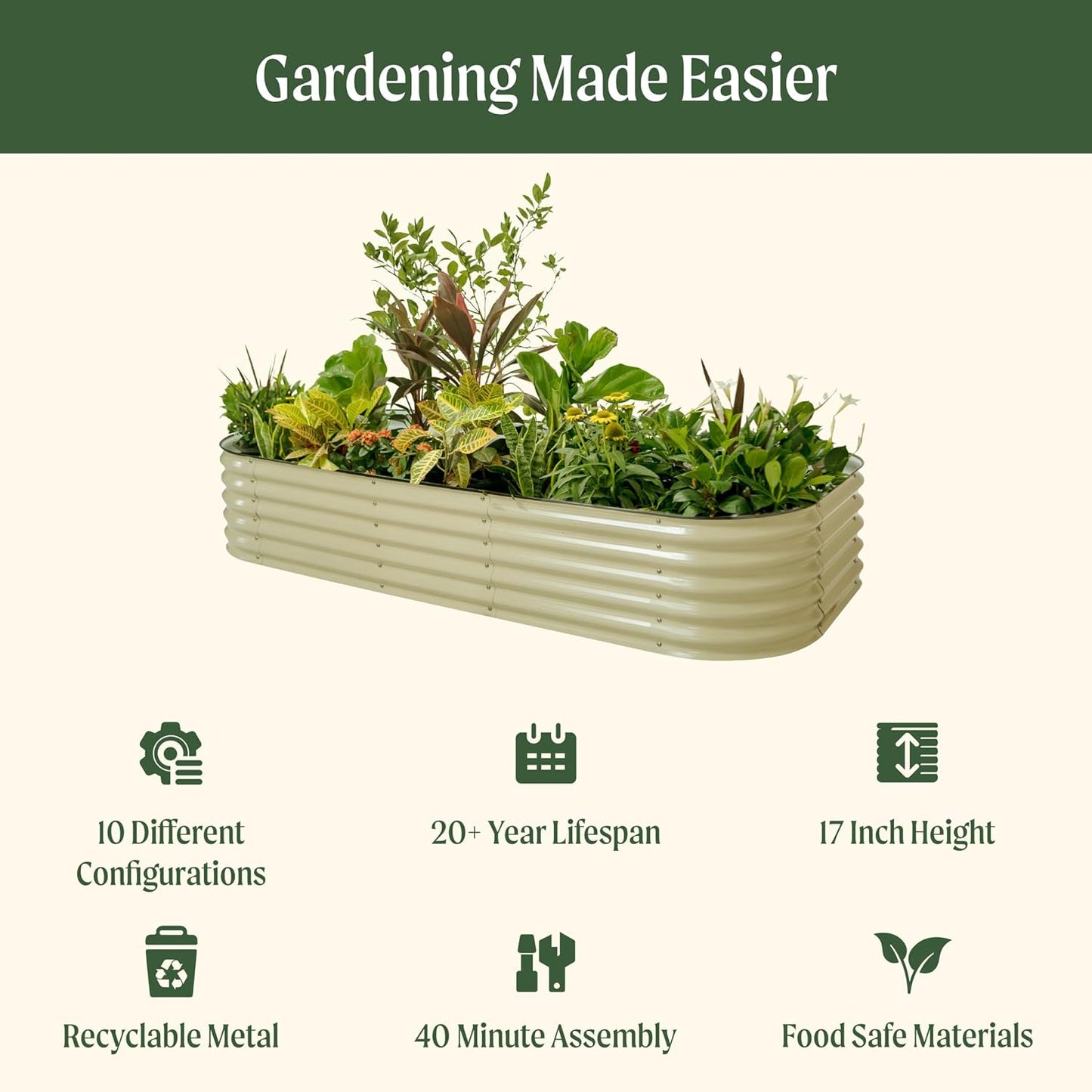 Vego garden Raised Garden Bed Kit, 17" Tall 10 in 1 Modular Metal Raised Garden Beds Kit, Metal Planter Box for Vegetables, Flowers, Herbs, Olive Green