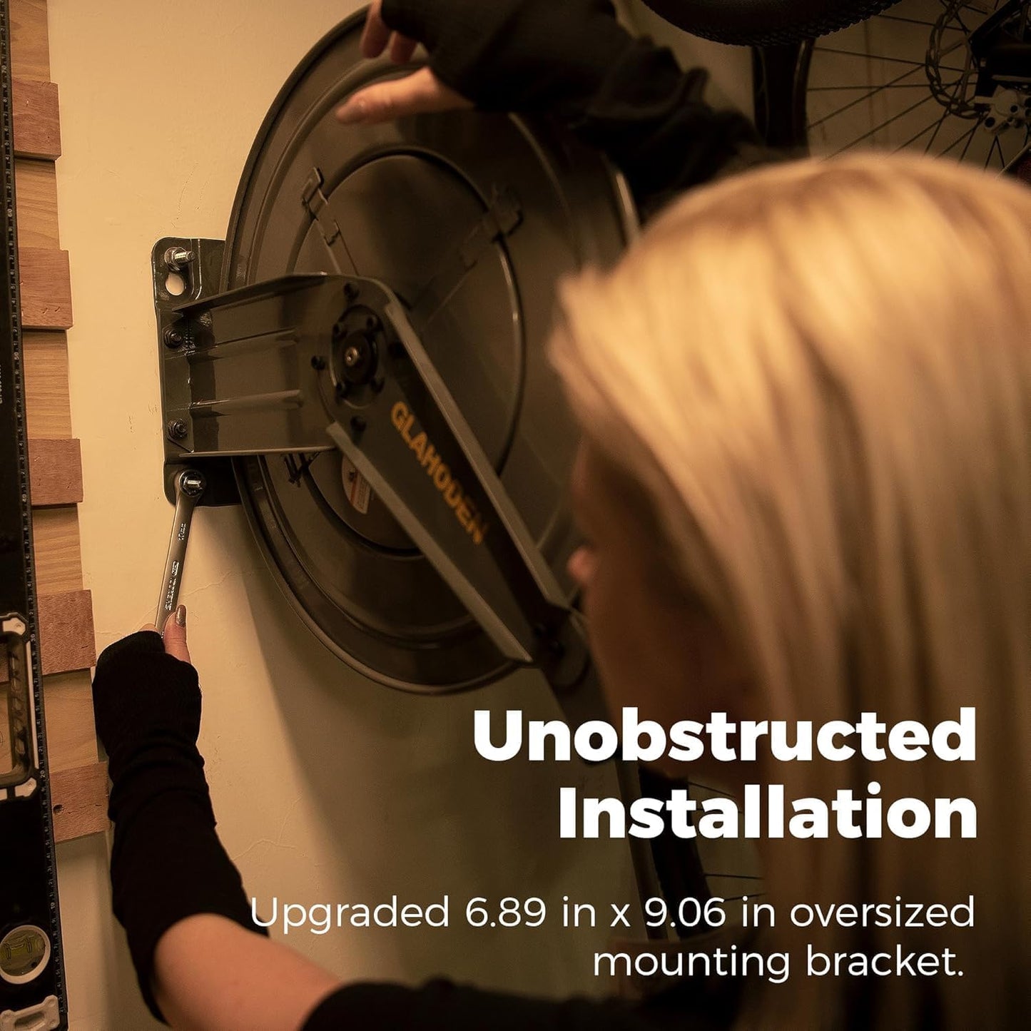 Double Arm Retractable Air Hose Reel, 3/8 in × 65 ft Hybrid Hose Heavy Duty Steel Professional Air Compressor Hose Reel with 5 ft Lead in Max 300PSI Auto Rewind Quick Coupler Swivel Fitting