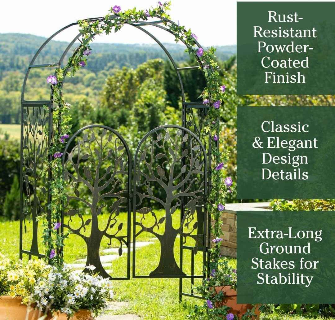 Plow & Hearth Arch Metal Outdoor Garden Arbor, 84 inches Tall, Iron Trellis Lattice for Climbing Plants, Wedding Arch, Outdoor Patio Décor (Tree of Life with Gate)