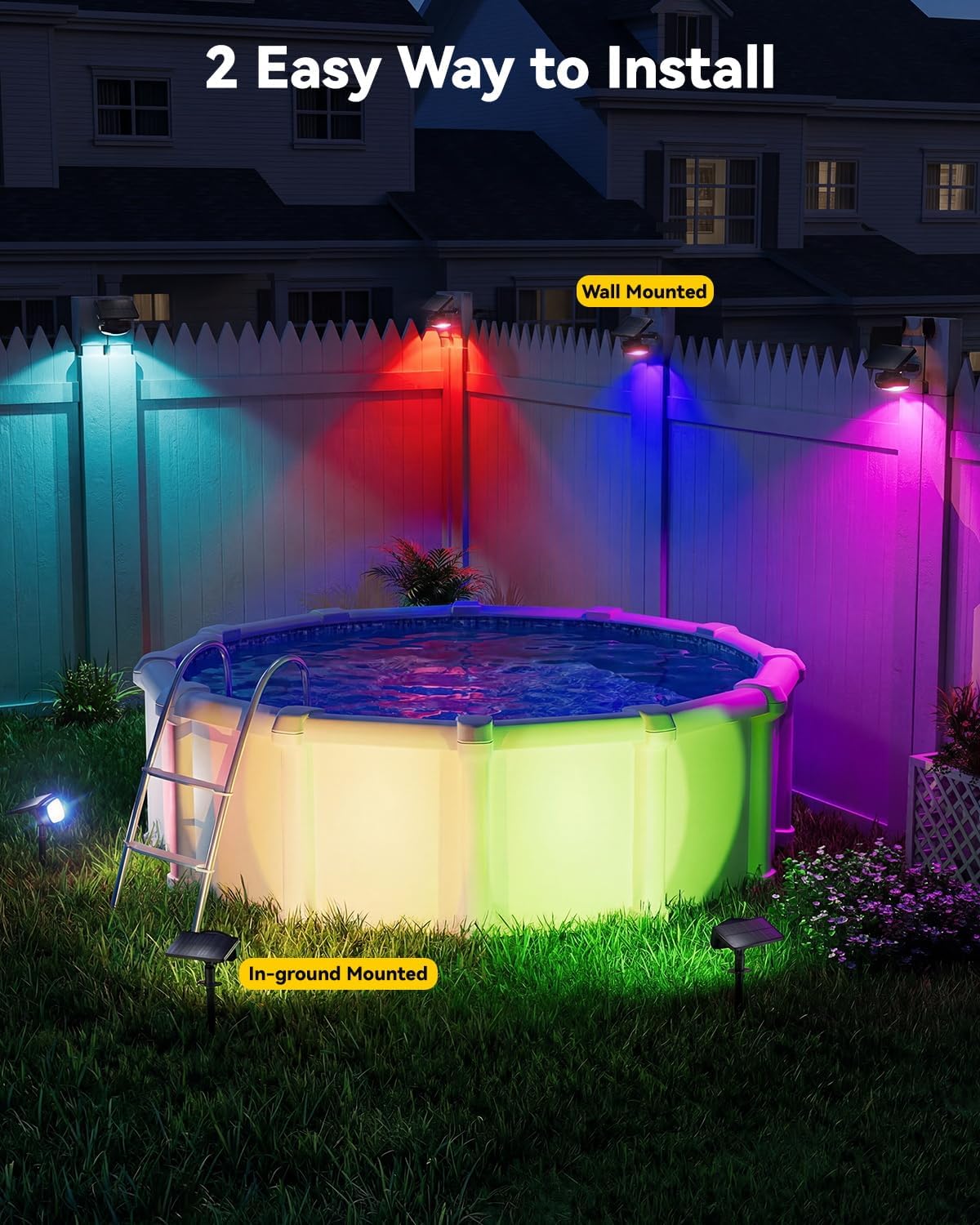 Solar Spot Lights Outdoor Waterproof IP68, RGB Colors Changing Solar Lights with 4 Lighting Modes, Solar Powered Lights Outdoor for Garden Yard Outside Landscape (2Pack)