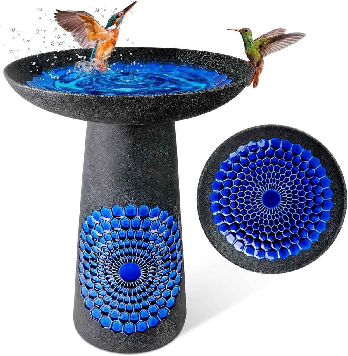 Ceramic Bird Bath for Outdoors – 21.5 Inch Heavy Duty, Diamond Blue Design for Garden & Patio Décor, Perfect for Bird Watching & Outdoor Spaces
