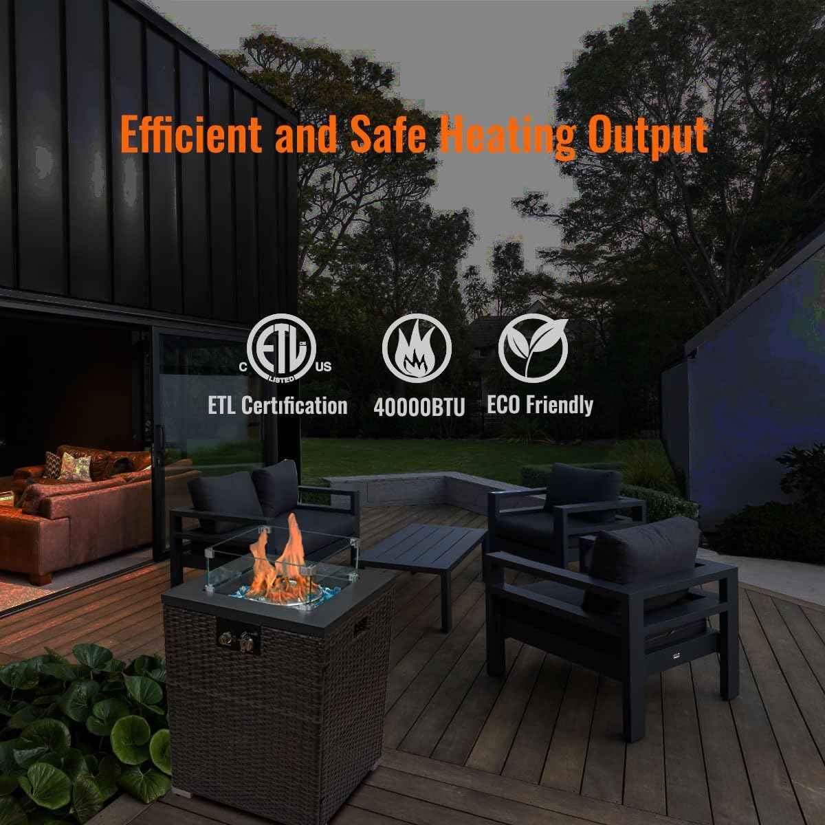 22in Outdoor Propane Gas Fire Pit Table, 40,000 BTU Auto-Ignition Gas Firepit with Glass Wind Guard, Painted Steel Tabletop, Mixed Color Glass Rocks, Brown PE Rattan