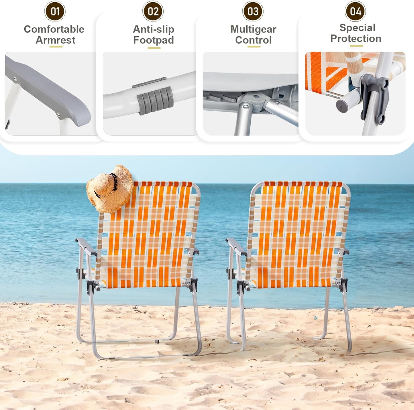 Folding Webbed Oversized Lawn Chairs Set of 2, 260 LBS High Beach Chair for Adults Heavy Duty, Portable Patio Chair for Yard, Garden (Orange)