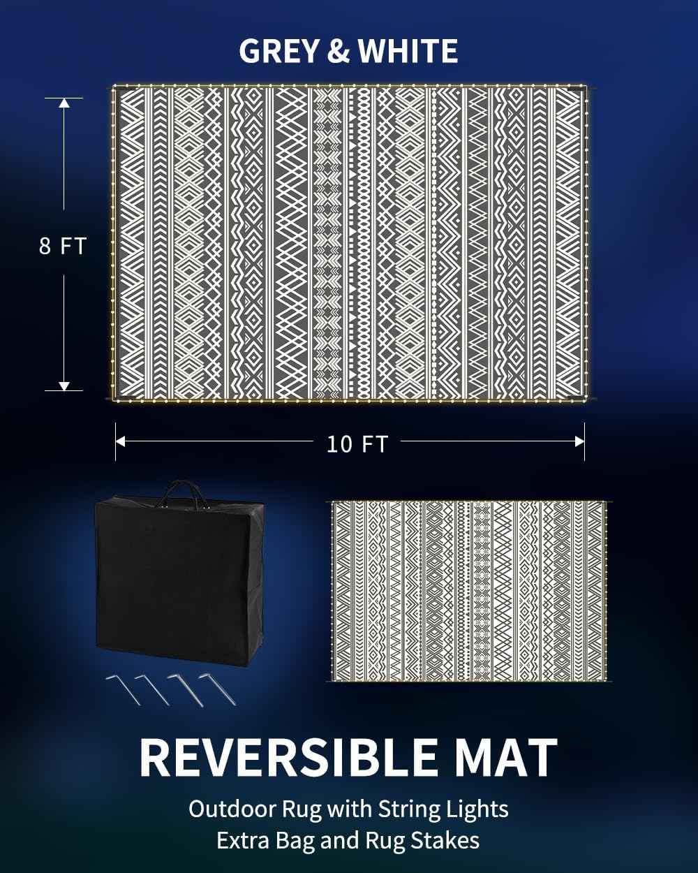 MontVoo-Outdoor Rug Carpet 8x10 ft for Patio RV Camping with Led Strip Lights Waterproof Plastic Straw Rug Reversible Portable Outside Indoor Outdoor Rug Mat for Patio Decor Balcony Picnic-Boho Rug