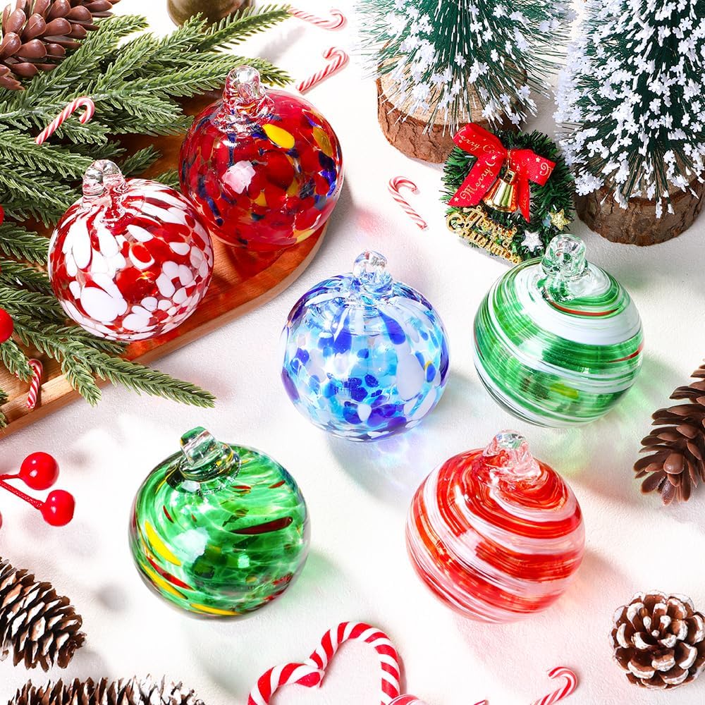 Vellibring 6 PCS Glass Christmas Ball Ornaments,Hand Blown Glass Ornaments Balls Hanging Decor Balls for Xmas Tree Home Window Outdoor Garden Patio Decoration