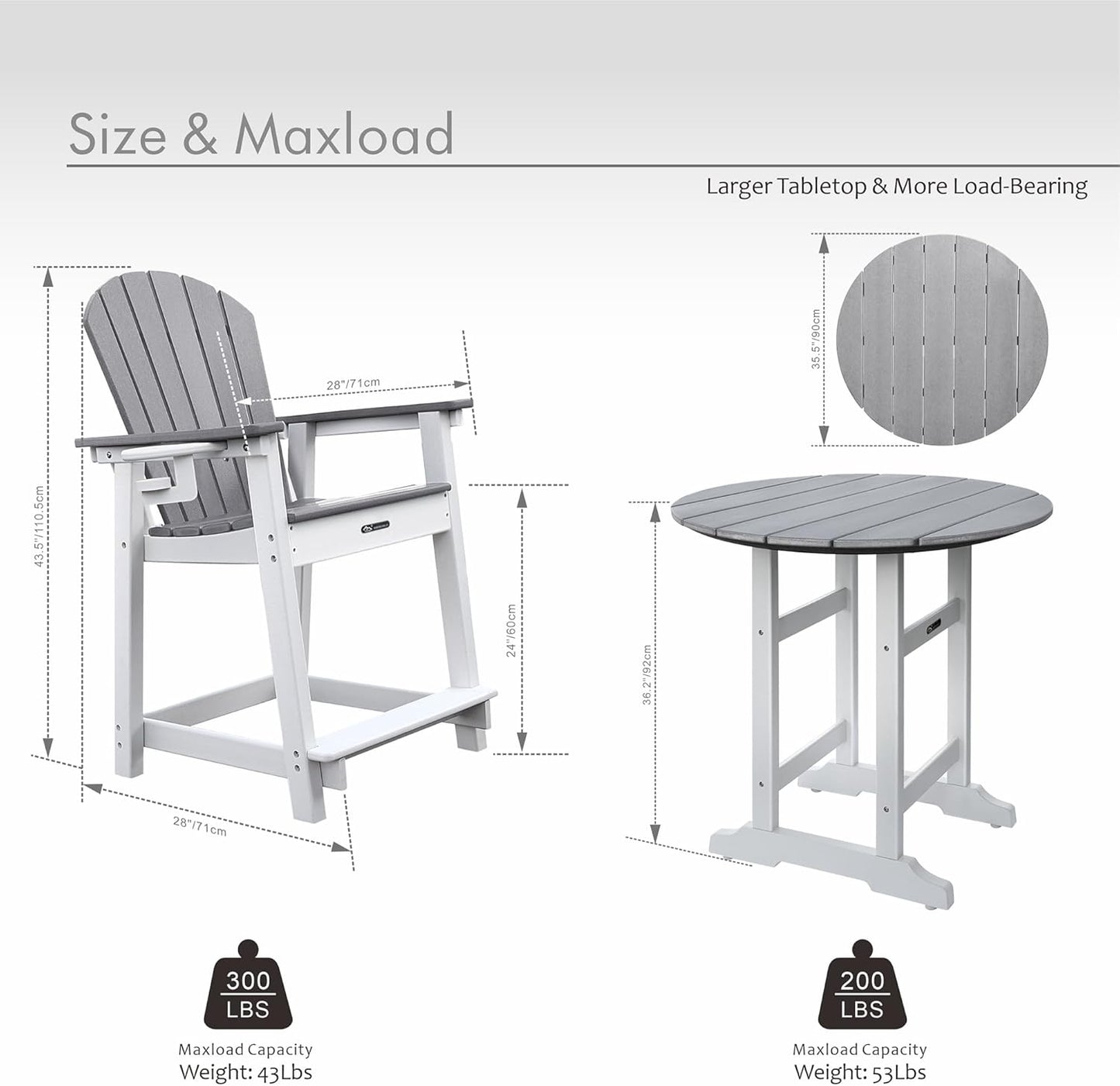 Tall Adirondack Chairs Patio Bar Tables Set of 5 Weather Resistant HDPE 35" Round Outdoor Bar Adirondack Barstools Plastic Height Table Pub, for Garden, Backyard, Yard, Pool, Fire, Pit (Grey)