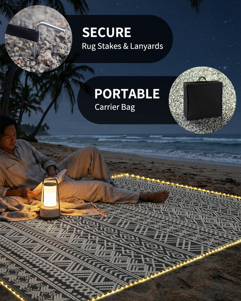 MontVoo-Outdoor Rug Carpet 8x10 ft for Patio RV Camping with Led Strip Lights Waterproof Plastic Straw Rug Reversible Portable Outside Indoor Outdoor Rug Mat for Patio Decor Balcony Picnic-Boho Rug